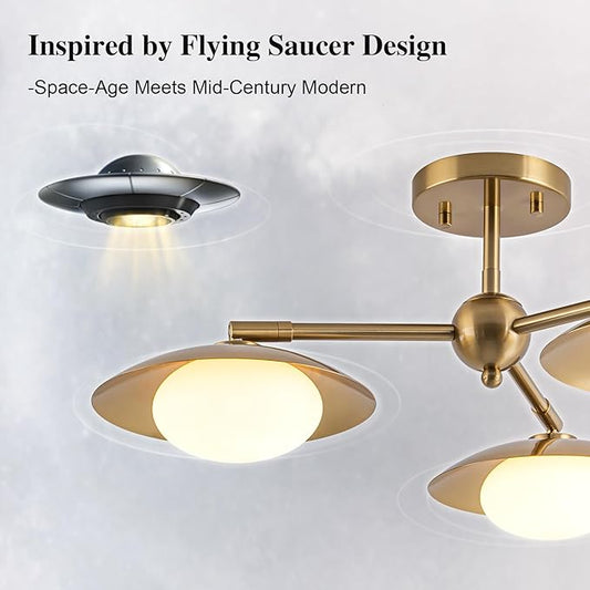 3-Light Flying Saucer Semi-Flush Mount Ceiling Light, Mid-Century Milk White Glass Globes Chandelier for Dining Room Living Room, 20.5" Wide, Brushed Brass Gold