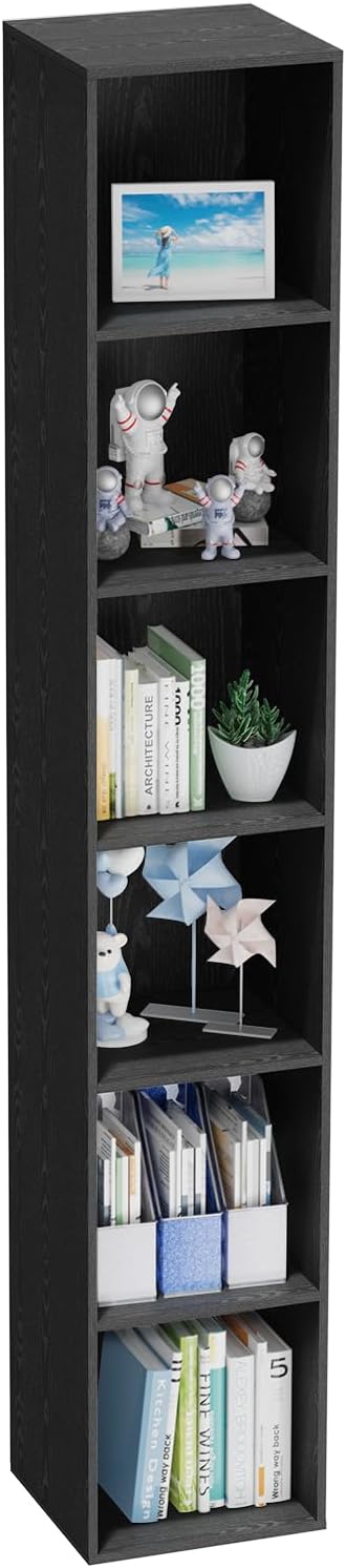 6 Tier Bookshelf, Open Tall Narrow Floor Standing Bookcase, Storage Organizer Bookshelves Freestanding Book Shelf for Living Room, Bedroom, Home Office (Black, 6 Cube)