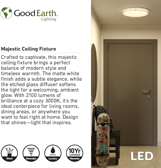 Good Earth Lighting Majestic Ceiling Fixture, 17-in, 1950 Lumens, Dimmable, Matte White