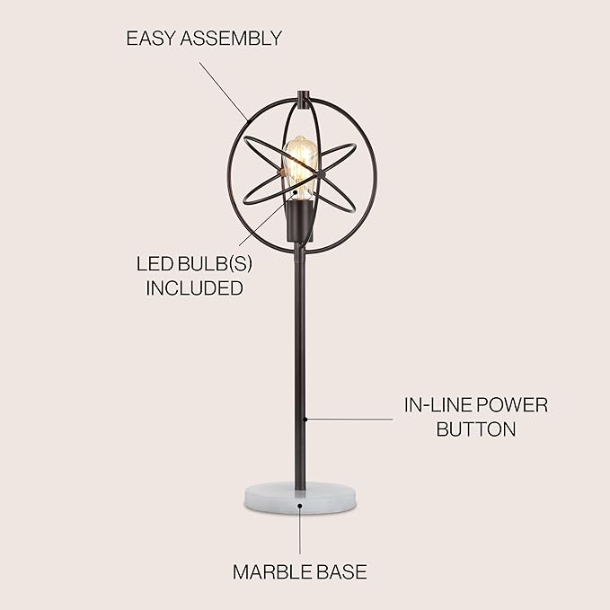 JONATHAN Y 26.5" Oil Rubbed Bronze Atomic Caged LED Table Lamp, Industrial Modern Metal Desk Lamp with White Marble Base for Living Room Bedroom, LED Bulb Included JYL1091A