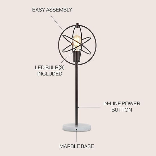 JONATHAN Y 26.5" Oil Rubbed Bronze Atomic Caged LED Table Lamp, Industrial Modern Metal Desk Lamp with White Marble Base for Living Room Bedroom, LED Bulb Included JYL1091A
