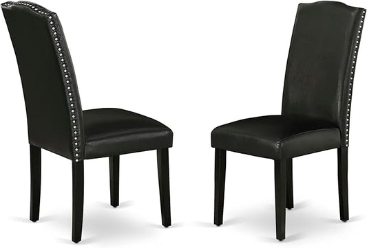 East West Furniture ENP1T69 Encinal Parson Dining Room Chairs - Nailhead Trim Black Faux Leather Padded Chairs, Set of 2, Black