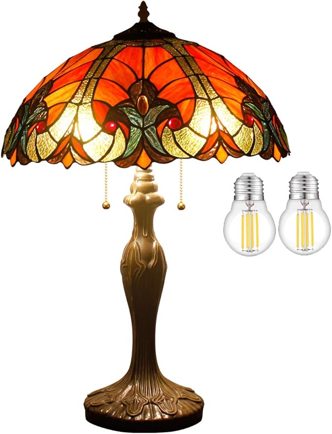 WERFACTORY Tiffany Table Lamp Red Liaison Stained Glass Style Bedside Lamp 16X16X24 Inches Antique Desk Reading Light Metal Base Decor Bedroom Living Room Home Office S160R Series