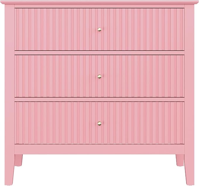 Large Pink 3 Drawer Dresser, Painted 30 Inch Tall Wood Nightstand with Storage, Wide Modern Chest of Drawers with Ball Bearing Slide for Bedroom Hallway Living Room Entryway Office