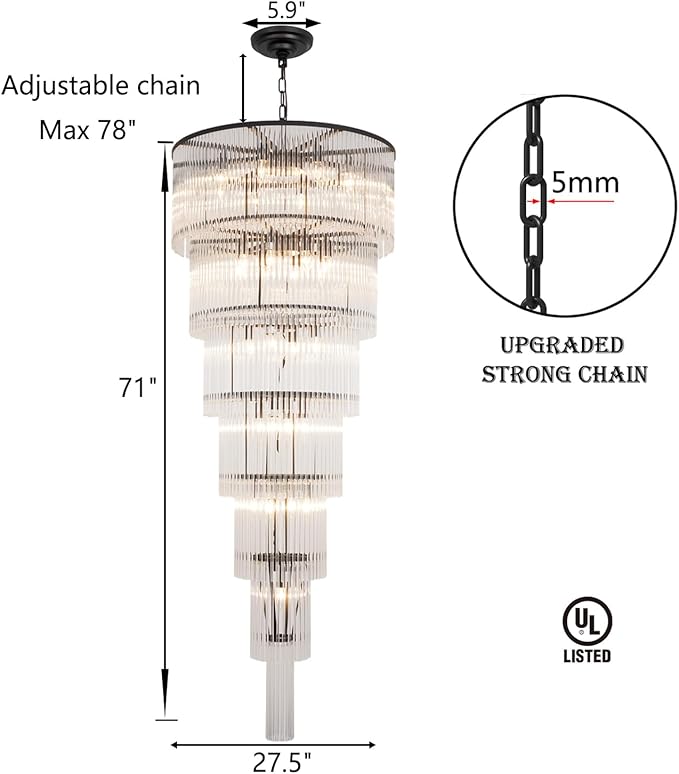 Black Glass Chandeliers for High Ceiling, 7-Tier Glass Rod Chandelier H71 Modern Foyer Entryway Ceiling Light Fixture for Staircase Living Room Entry Extra Long