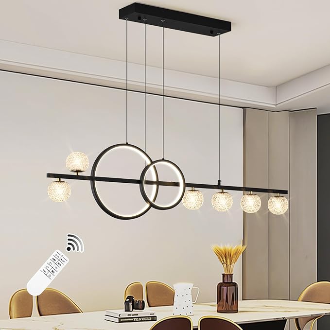 Modern Black Gold Chandeliers for Dining Room, 47in Dimmable LED Chandelier Linear Pendant Light for Kitchen Island, Upgraded 6 Globe Hanging Pendant Chandelier Lighting (2 Rings, 4200lm)