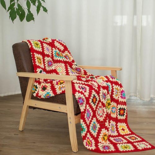 RISEON Handmade Granny Square Crochet Throw Blanket Sweater Style Mat, Crochet Quilt, Multicolor Boho Travel Accent Decor Throw for Sofa Comforter Couch Bed Recliner Living Room Bedroom (Red)
