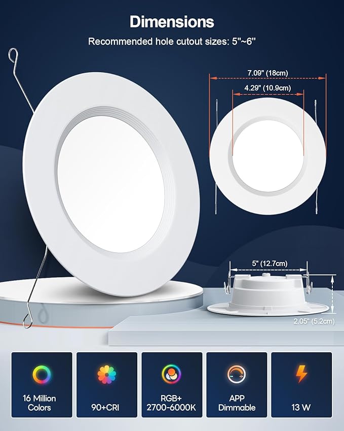 Smart Recessed Lighting 6 Inch, RGBCW Color Changing LED Can Lights Bluetooth Connect, Flicker Free, 13W 1300LM, Dimmable Retrofit Downlight Works with Alexa Voice & App Control, ETL, 1 Pack