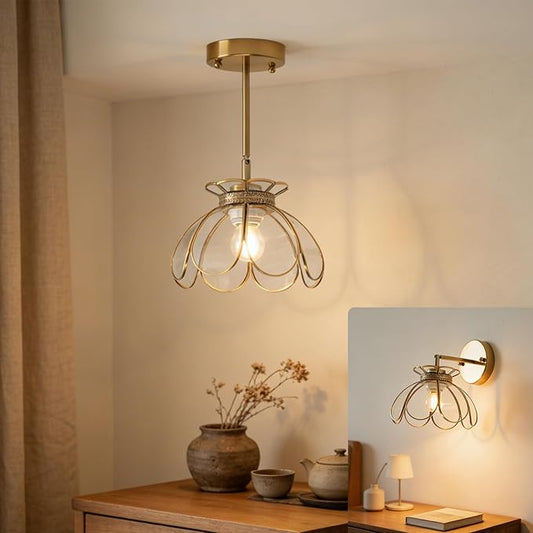 Vintage Brass Ceiling Pendant Light with Stained Lotus Flower Clear Glass Shade, Oriental Hanging Lamp or Wall Sconces Dual-Purpose, for Kitchen Island Dining Room Bedroom Living Room-7.9" Shade