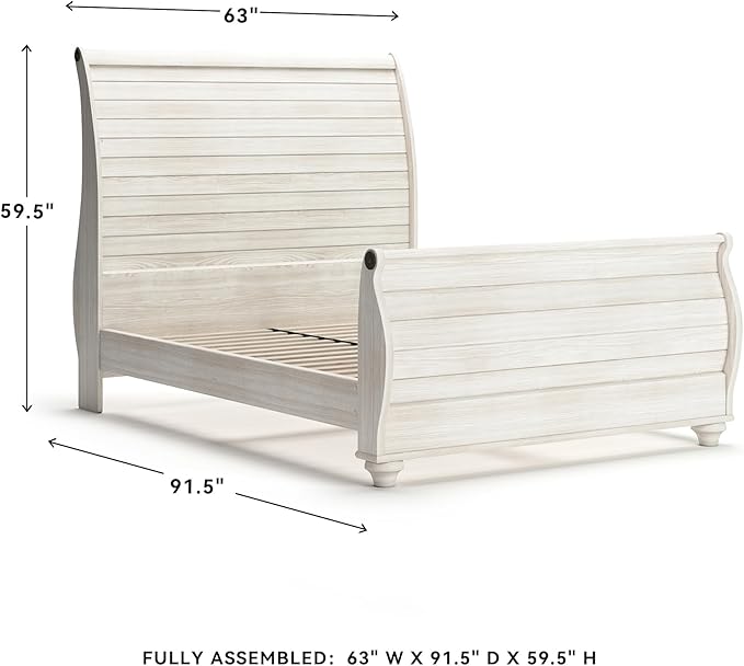 Signature Design by Ashley Willowton Vintage Queen Sleigh Bed with Metal Slats, Foundation or Box Spring Needed, Whitewash