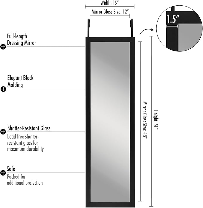 Americanflat 15x51 Over The Door Mirror - Hanging Full Length Mirrors with Engineered Wood - Modern Mirror for Bathroom, Bedroom, Living Room - Mirrors for Wall Display and Home Decor - Black