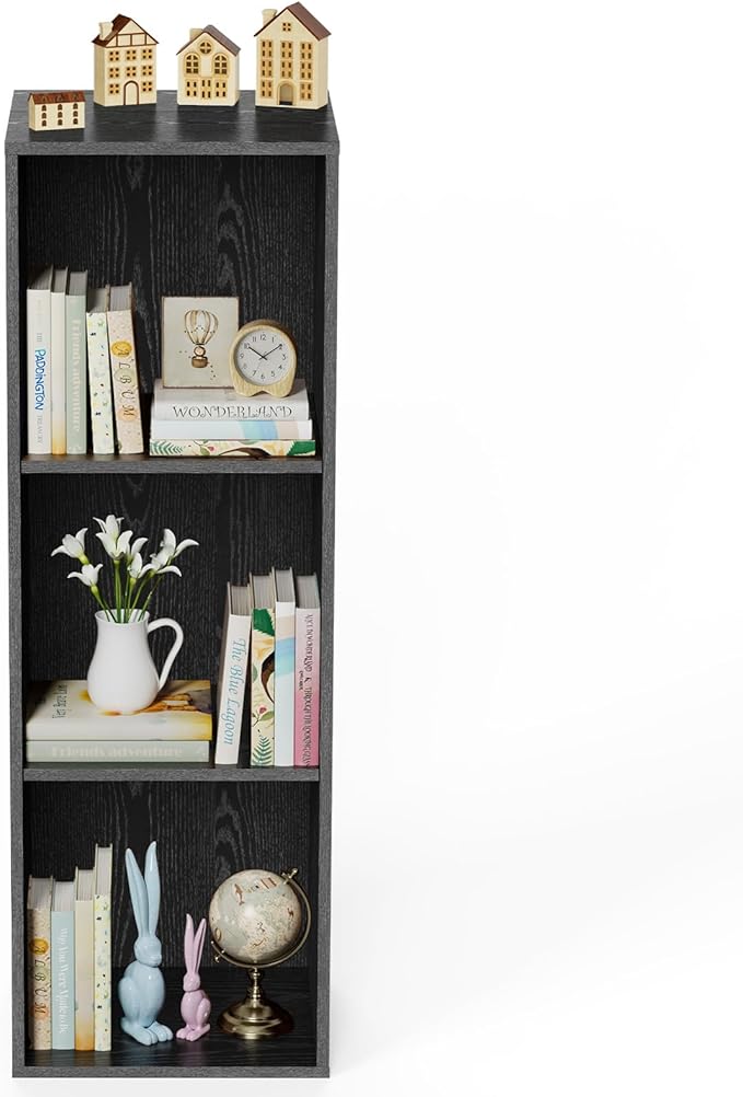 3 Tier Bookshelf, Narrow Bookcase for Small Spaces, Wooden Book Case Bookshelves Storage Organizer for Bedroom Living Room Home Office (Black, 3 Cube)