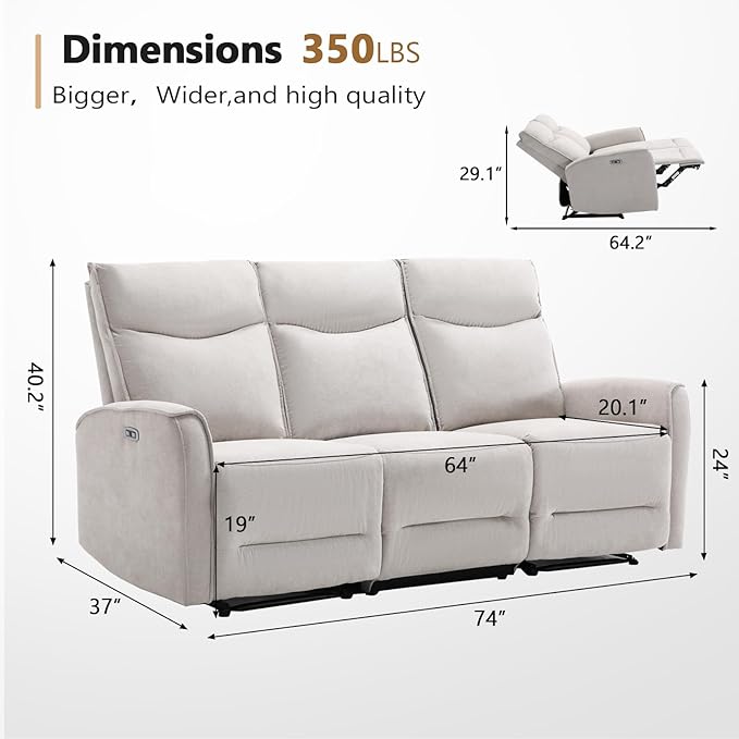 ANJ Power Reclining Loveseat Sofa for Living Room, 80" Wide Overstuffed 3 Seater Electric Reclining Couch Recliner with Ergonomic,Modern Soft Fabric Double Recliner Sofa,Light Grey