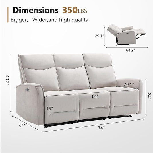 ANJ Power Reclining Loveseat Sofa for Living Room, 80" Wide Overstuffed 3 Seater Electric Reclining Couch Recliner with Ergonomic,Modern Soft Fabric Double Recliner Sofa,Light Grey