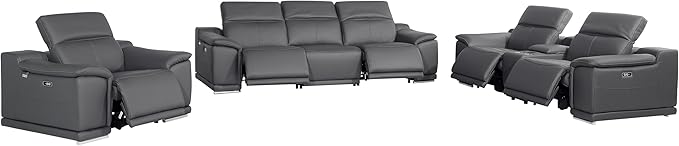BlackJack Furniture Venice Top Grain Italian Leather Recliner 7 Seater 5 Power Reclining 3 Piece Sofa Set with Adjustable Headrests Modern Seating Sofa, Loveseat and Chair for Living Room, Dark Grey