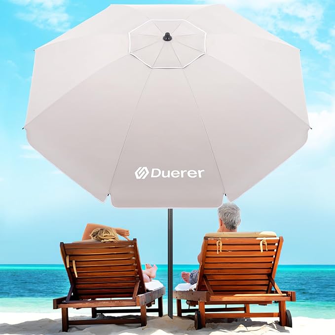 Duerer 7.5FT Beach Umbrella with Sand Anchor–Heavy Duty Windproof UPF 50+ Sun Shade, Portable Travel Beach Umbrella with Tilt & Carry Bag for Beach, Sand, Garden, Patio, Pool (Beige)