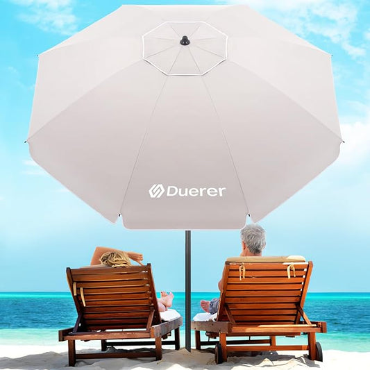 Duerer 7.5FT Beach Umbrella with Sand Anchor–Heavy Duty Windproof UPF 50+ Sun Shade, Portable Travel Beach Umbrella with Tilt & Carry Bag for Beach, Sand, Garden, Patio, Pool (Beige)