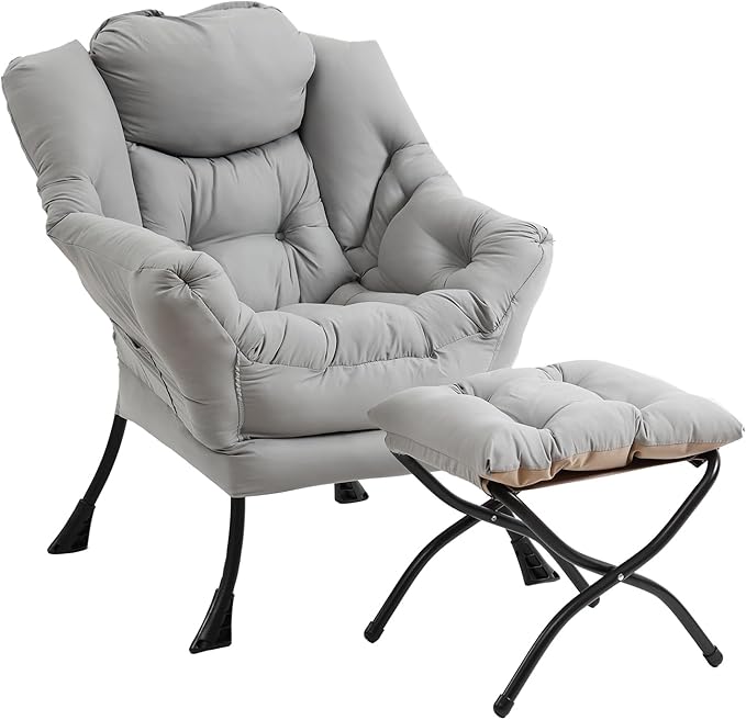 Lazy Chair with Ottoman, Modern Accent Chair with Folding Footrest, Light Grey Sofa Chair Set, Comfortable Reading Chairs, Oversized Armchairs for Bedroom, Study, Living Room, Courtyard