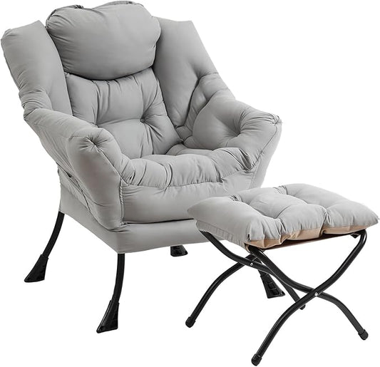Lazy Chair with Ottoman, Modern Accent Chair with Folding Footrest, Light Grey Sofa Chair Set, Comfortable Reading Chairs, Oversized Armchairs for Bedroom, Study, Living Room, Courtyard
