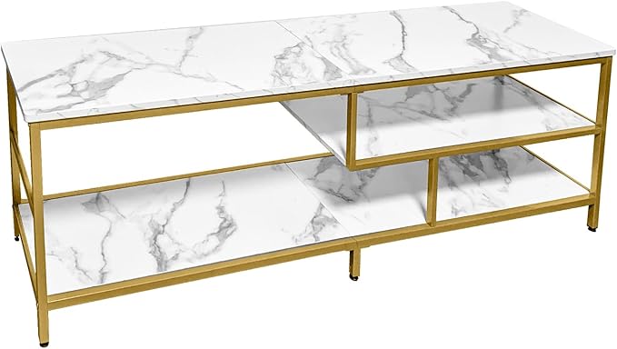 AT-VALY TV Stand for 55-75 inch TVs, Metal&MDF TV Stand with 3-Tier Storage Shelves for Living Room, Entertainment Center with Storage Cabinets (Gold)