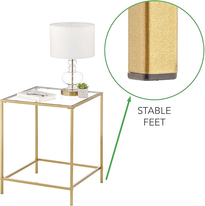 mDesign Glass Top Side/End Table - Small Minimalistic Square Geometric Accent Metal Nightstand Furniture for Living Room, Dorm, Home Office, and Bedroom - Soft Brass