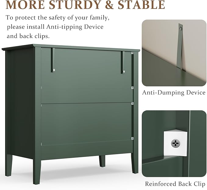 RoyalCraft Fluted 3 Drawer Dresser, 32 inch Wide Dresser Nightstand for Bedroom, Modern Wood Chest of Drawers, Large Painted Nightstand with 3 Drawers for Closet, Hallway, Entryway, Dark Green
