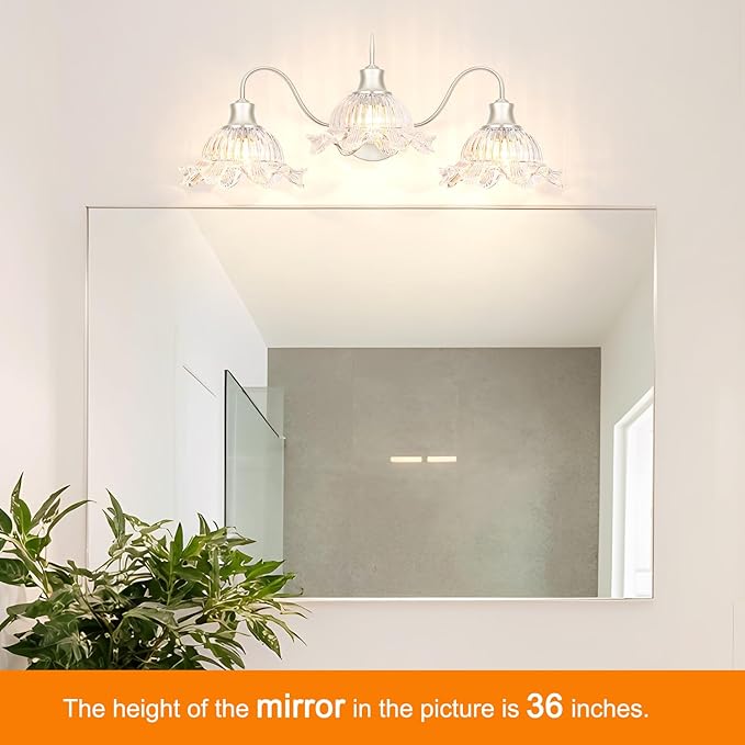 3-Light Bathroom Vanity Light, Brushed Nickel Vintage Vanity Light Fixtures Over Mirror, Bathroom Light with Flower Crystal Glass Shade, Art Deco Wall Sconce Lighting for Bedroom, Living Room