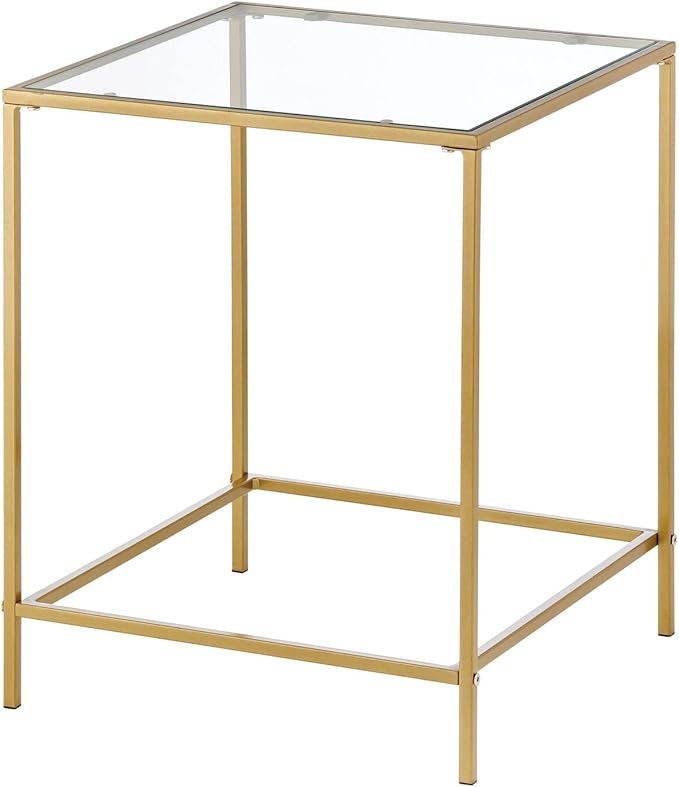 mDesign Glass Top Side/End Table - Small Minimalistic Square Geometric Accent Metal Nightstand Furniture for Living Room, Dorm, Home Office, and Bedroom - Soft Brass