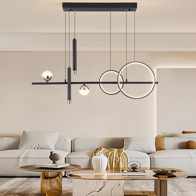 Modern LED Pendant Lights, Dimmable 39in Linear Wave LED Chandelier Lighting, Black & Gold Dining Room Hanging Light Fixtures Kitchen Island Globe Pendant Light for Dining Table (2704lm)