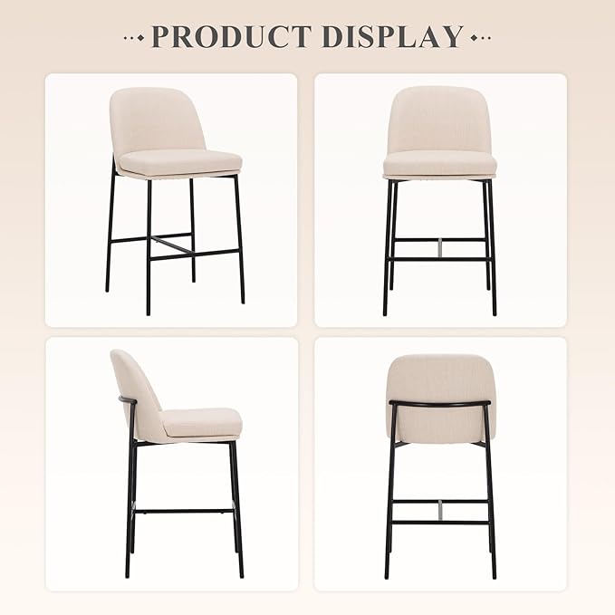 Bar Stools Set of 6, Modern Upholstered Counter Height Bar Chairs with Cushioned Seat and Curved Back, Fabric Kitchen Island Stools with Sturdy Metal Legs for Dining Room Island Bar, Beige
