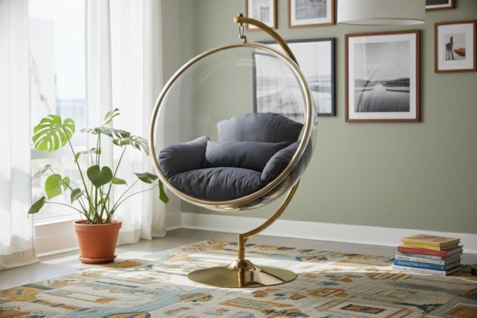 Meridian Furniture Luna Collection Modern | Contemporary Clear Acrylic Accent Swing Chair with Gold Metal Base and Durable Fabric Seat, 41.5" W x 29.5" D x 64" H, Grey