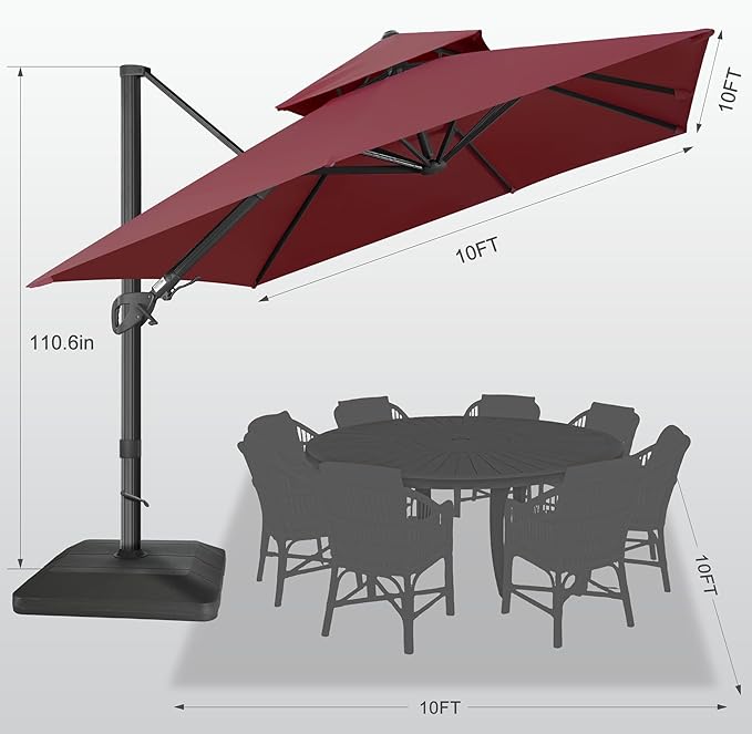 FLAME&SHADE 10x10 FT Cantilever Patio Umbrella - Aluminum Offset Umbrella with Tilt & 360-Degree Rotation, 3 Years Fade Resistance Fabric Large Patio Umbrella Outdoor for Deck Pool Garden - Burgundy