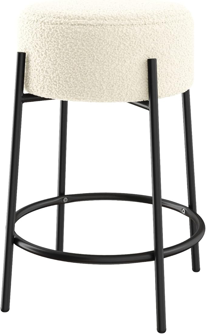 Nathan James Isaac 24" Modern Backless Bar Stool with Round Soft Padded Boucle Seat and Metal Mid-Century Base, Boucle White/Black