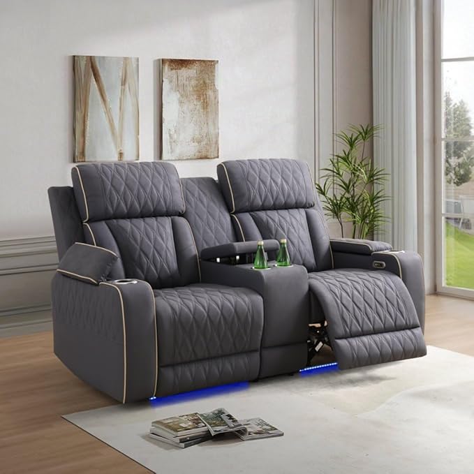 Matte Leather Power Recliner Sofa Set with LED, Living Room Furniture Set,Sanded Leather Sofa Set with USB Port/Storage Console/Cup Holder for Living Room Home Office (Blueish Grey)