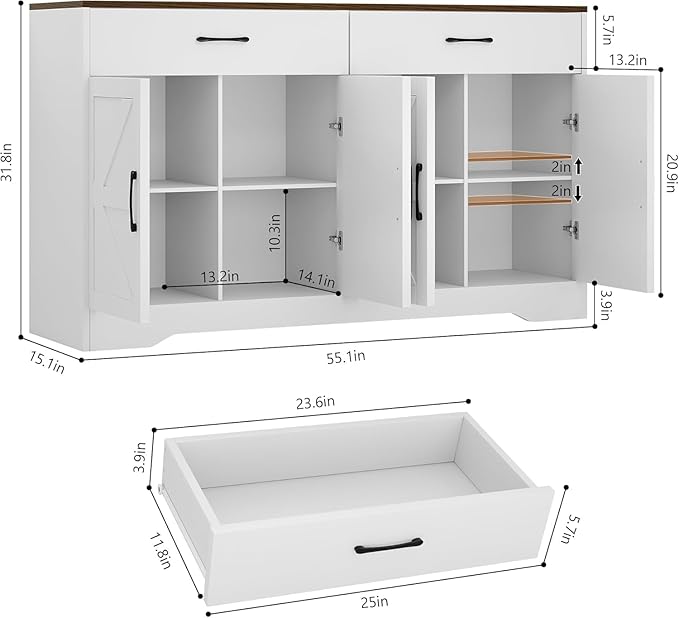 Sideboard Buffet Cabinet with Storage, Large Kitchen Storage Sideboard with Drawers & Doors, Modern Wood Farmhouse Coffee Bar Cabinet, Buffet Table for Kitchen, Living Room, White, 15.1"*55.1"*31.8"