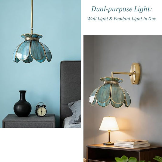 Vintage Brass Ceiling Pendant Light with Stained Lotus Flower Blue Glass Shade,Oriental Hanging Lamp or Wall Sconces Dual-Purpose, for Kitchen Island Dining Room Bedroom Living Room-7.9" Shade