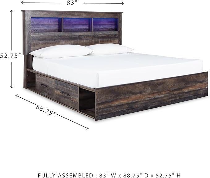 Signature Design by Ashley Drystan Rustic King Bookcase Bed with 2 Storage Drawers, Open Cubbies and LED Light, Foundation or Box Spring Not Needed, Dark Brown & Gray