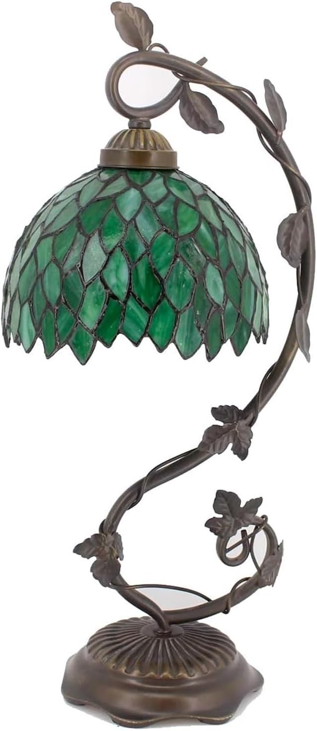 WERFACTORY Tiffany Style Lamp Green Wisteria Stained Glass Table Desk Reading Light, Metal Leaf Base 8X10X21 Inches Decor Small Space Bedroom Home Office S523 Series