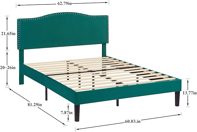 VECELO Full Bed Frame Platform Bed Frame with Upholstered Headboard, Strong Frame and Wooden Slats Support, Strong Weight Capacity, Non-Slip and Noise-Free, Easy Assembly,Dark Green