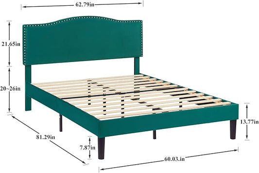 VECELO Full Bed Frame Platform Bed Frame with Upholstered Headboard, Strong Frame and Wooden Slats Support, Strong Weight Capacity, Non-Slip and Noise-Free, Easy Assembly,Dark Green