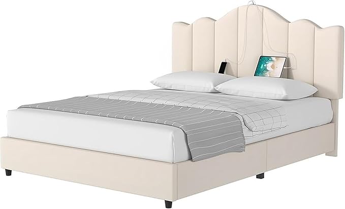 VECELO Full Size Bed Frame with 4 Drawers, Adjustable Headboard, Upholstered Platform with Wood Slats Support, Built-in USB and Type C Ports, Cream Beige