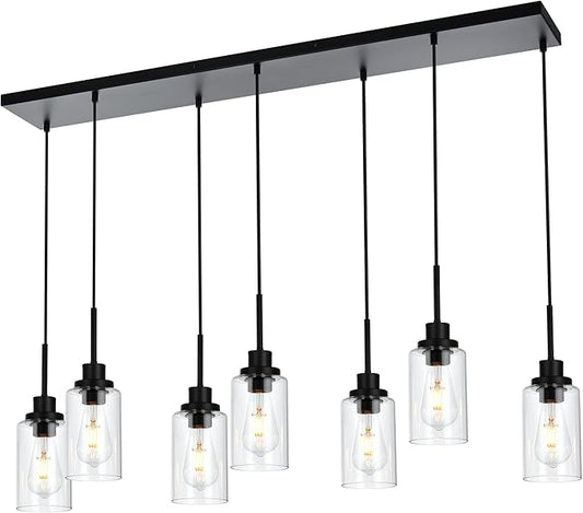 MELUCEE Linear Hanging Pendant Lights with Clear Glass Shade Black Dining Room Light Fixtures Over Table Kitchen Island Lighting, Adjustable Hanging Height