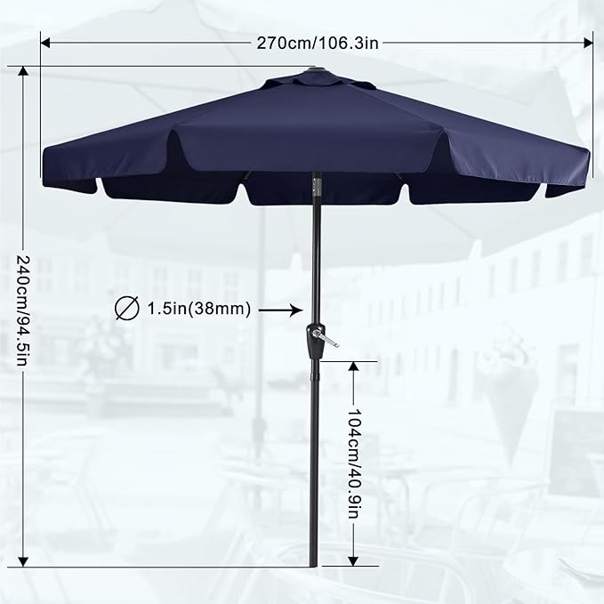 MASTERCANOPY 9ft Patio Umbrella with Valance, Crank and Tilt – 8 Ribs Outdoor Market Umbrella, UV/Fade Resistant, Waterproof Canopy with Wind Vent for Garden, Deck, Backyard, Pool (Navy Blue)