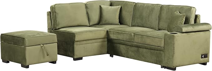 ERYE 84-Inch Left Facing Corner Sleeper Sectional Sofa with Pull Out Sleeper Couch Bed and Storage Ottoman,L-Shaped Corner Convertible Sofa Bed W/Cupholder & Padded Armrests | USB Charging Ports, 3-pin Plug Socket