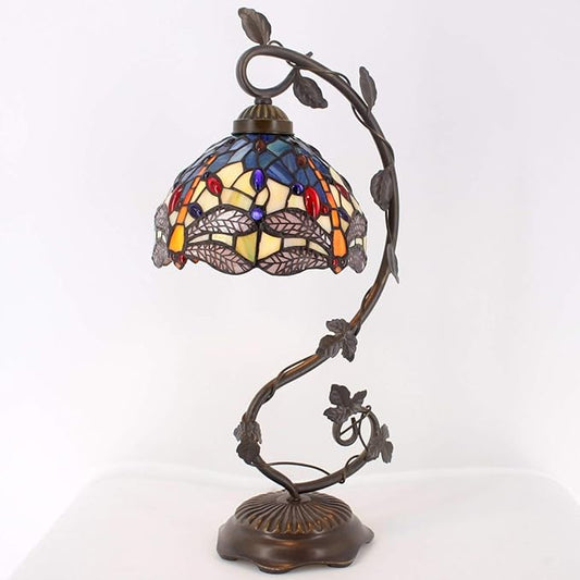WERFACTORY Tiffany Lamp Stained Glass Table Lamp Blue Yellow Dragonfly Style Desk Light Metal Leaf Base 8X10X21 Inches Decor Small Space Bedroom Home Office S128 Series