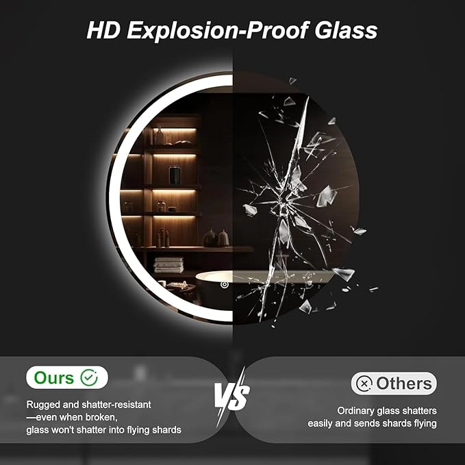 Simple Deluxe Round LED Bathroom Mirror with Lights, Smart Anti-Fog LED Bathroom Mirror with Circular Dual Lights and 3-Color Temperature Memory dimming (28inch)