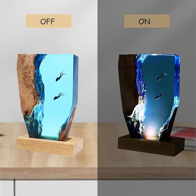 Shark Diver LED Ocean Night Light, Epoxy Resin Ocean Lamp, Deep Sea Diver Night Light, Office, Desk, Bathroom or Bedroom Decorative Night Light, Suitable for Holidays (2 Divers)