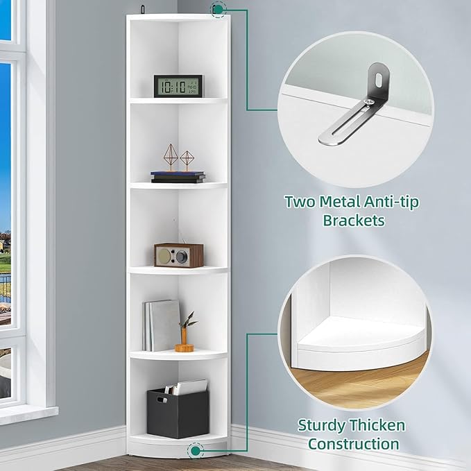 YITAHOME 5-Tier Corner Shelf, 70.8" Tall Modern Free Standing Corner Bookshelf, 5 Shelf Display Corner Bookcase and Bookshelves,Wooden Open Storage Book Shelves for Living Room, Home Office, White