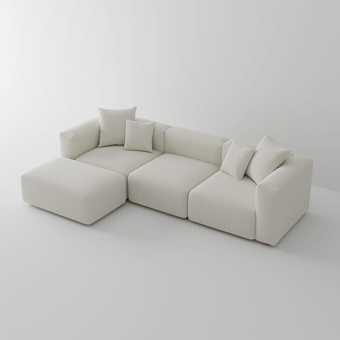 Acanva Convertible Modular Sectional Sofa with Movable Ottomans, Free Combination Corduroy Couch for Living Room Apartments, L-Shaped, White