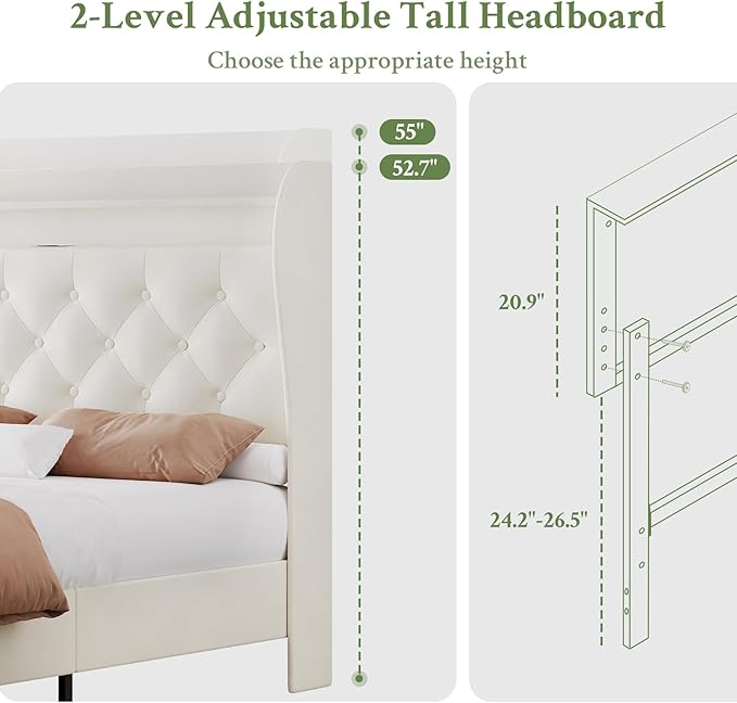 King Size Bed Frame with Tall Headboard, Velvet Upholstered Platform Bed with LED Lights & Charging Station, 52.7"-55" Adjustable/Modern Tufted Wingback Storage Headboard, No Box Spring Needed, Cream